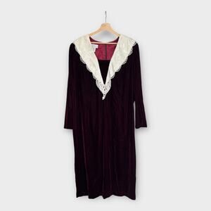 NEW Vintage 90s Scott McClintock Dress 24W Burgundy Velvet Sheath Lace Collar